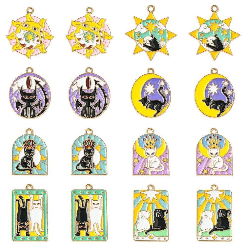 1618 40 pcs 8 Styles Enamel Tarot Charms Colorful Tarot Card Charms Black